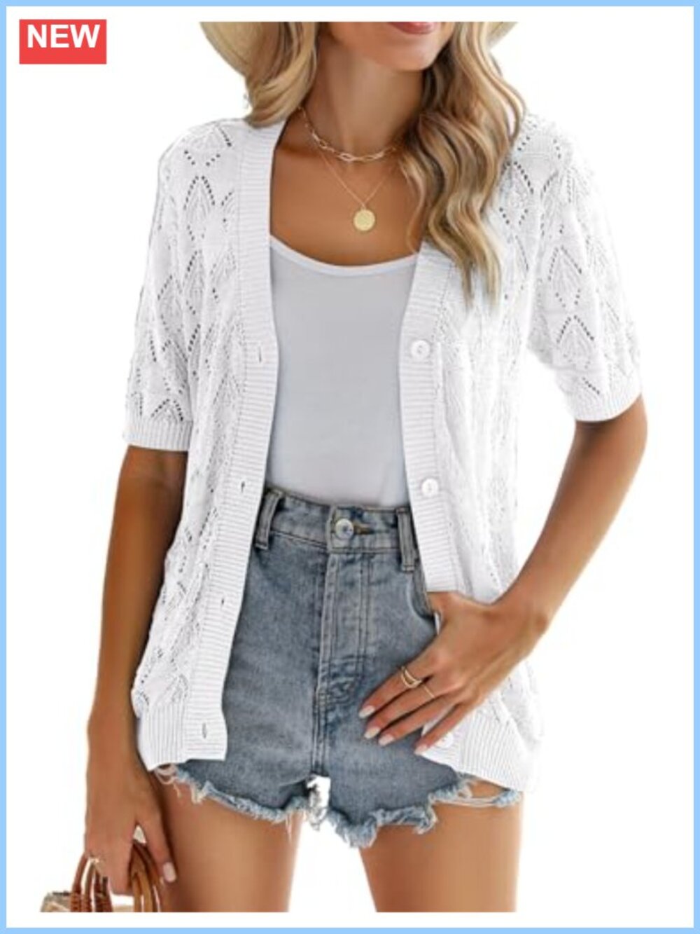 Crochet Cropped Cardigan Short Sleeve V Neck Button Down Knit